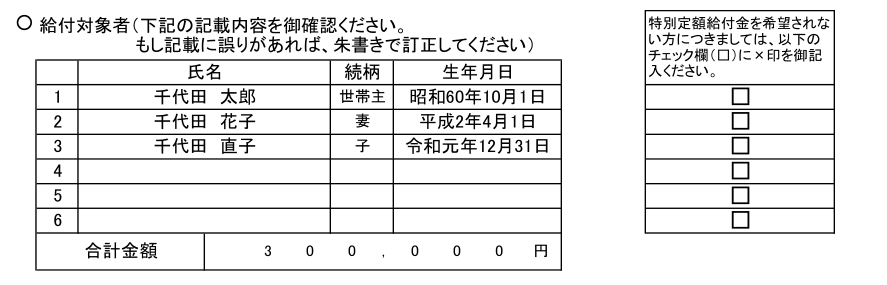 Проект формы заявки на перевод «специальной фиксированной суммы» в размере 100 000 йен / информацию о получателе